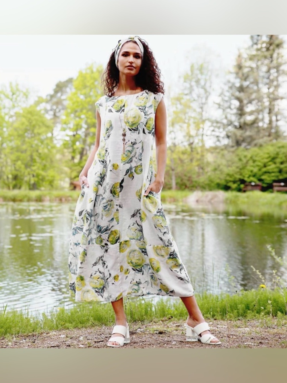 GRIZAS Abstract Print Washed Linen Midi Size 2XL New Short Sleeve Round neckline